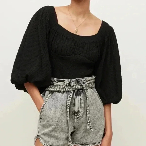 All Saints Sz 10 Tia Top Shirt Black Textured Lightweight Puff Sleeve Boho Chic - Picture 1 of 11